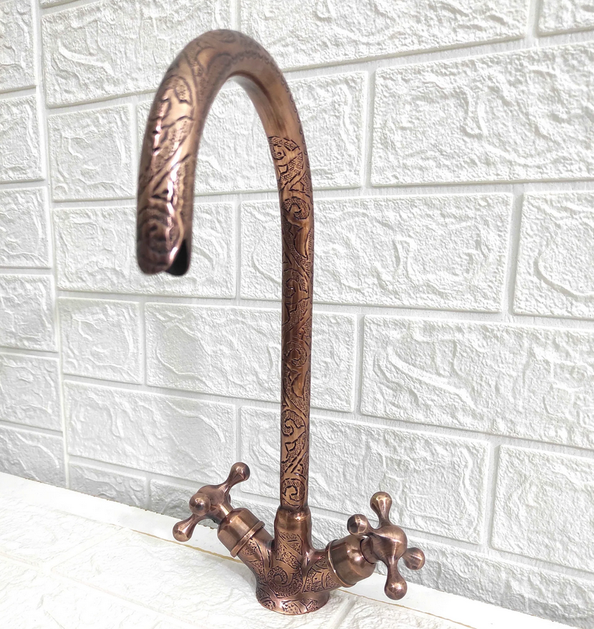 Copper Gooseneck Faucet with Engraved Design