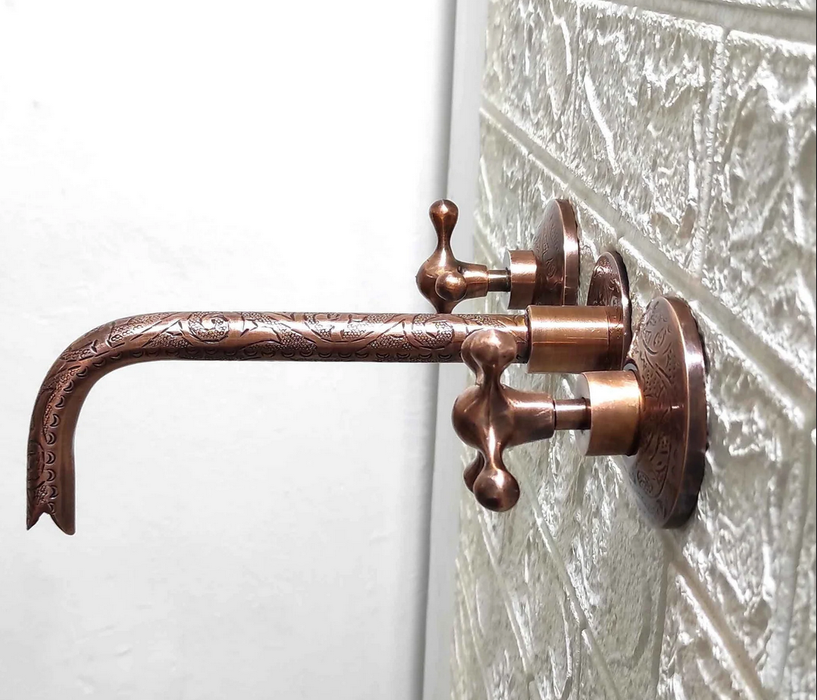 Engraved Copper Wall Mounted Faucet