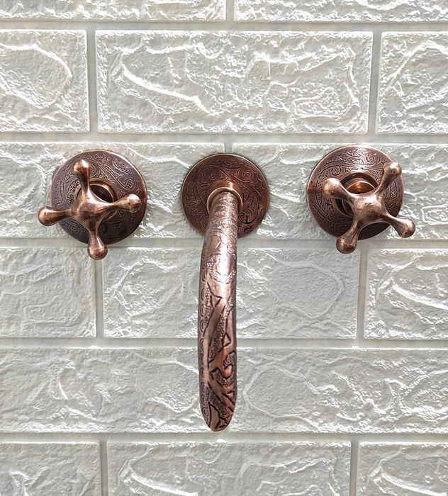 Engraved Copper Wall Mounted Faucet