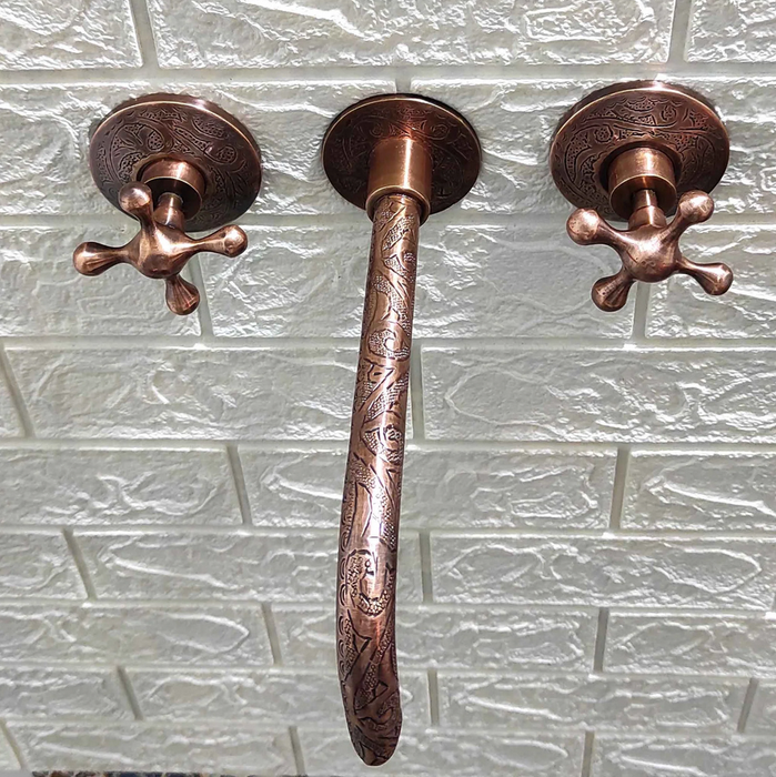 Engraved Copper Wall Mounted Faucet