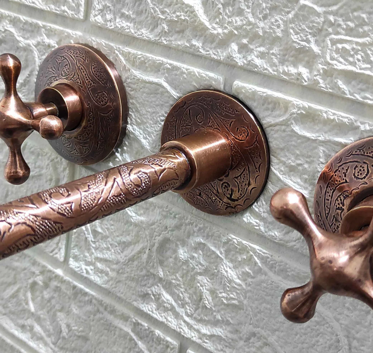 Engraved Copper Wall Mounted Faucet