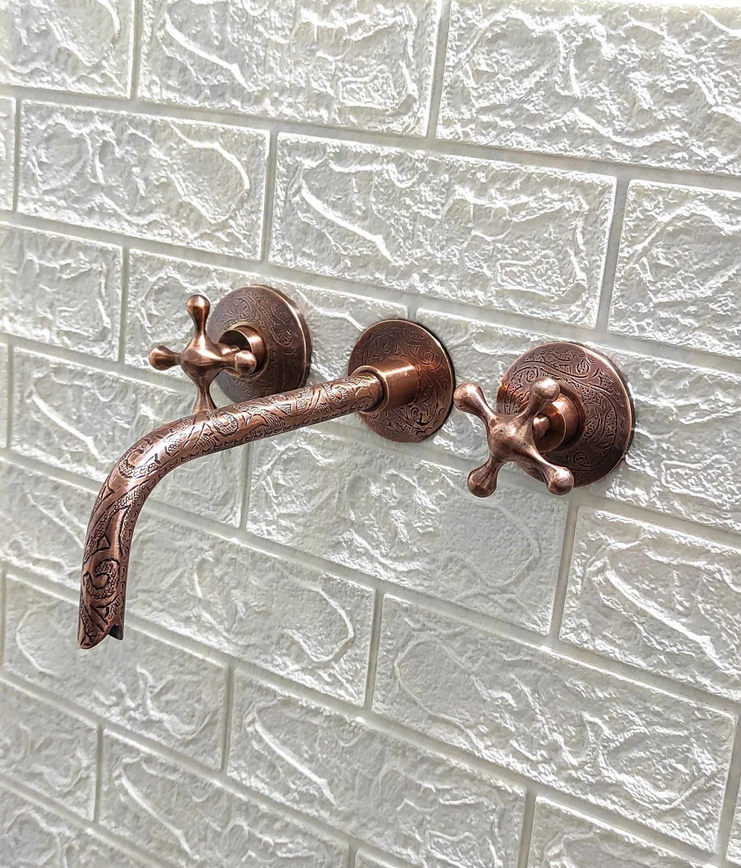 Engraved Copper Wall Mounted Faucet